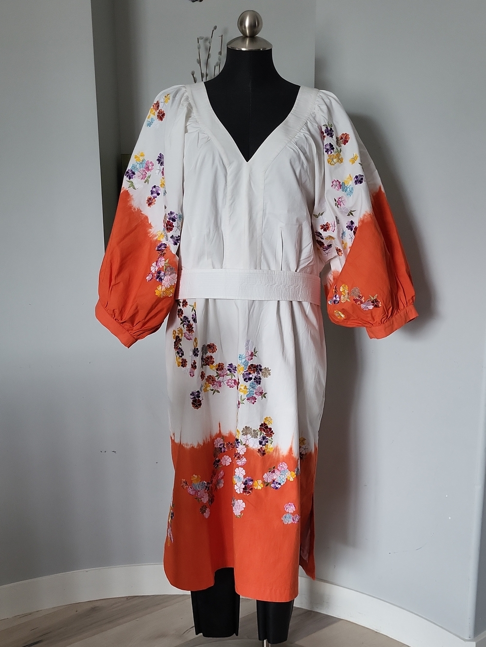 Anthropologie Puff Sleeve Cotton Clemence Dip-Died Embroidered Midi Dress Sz 18